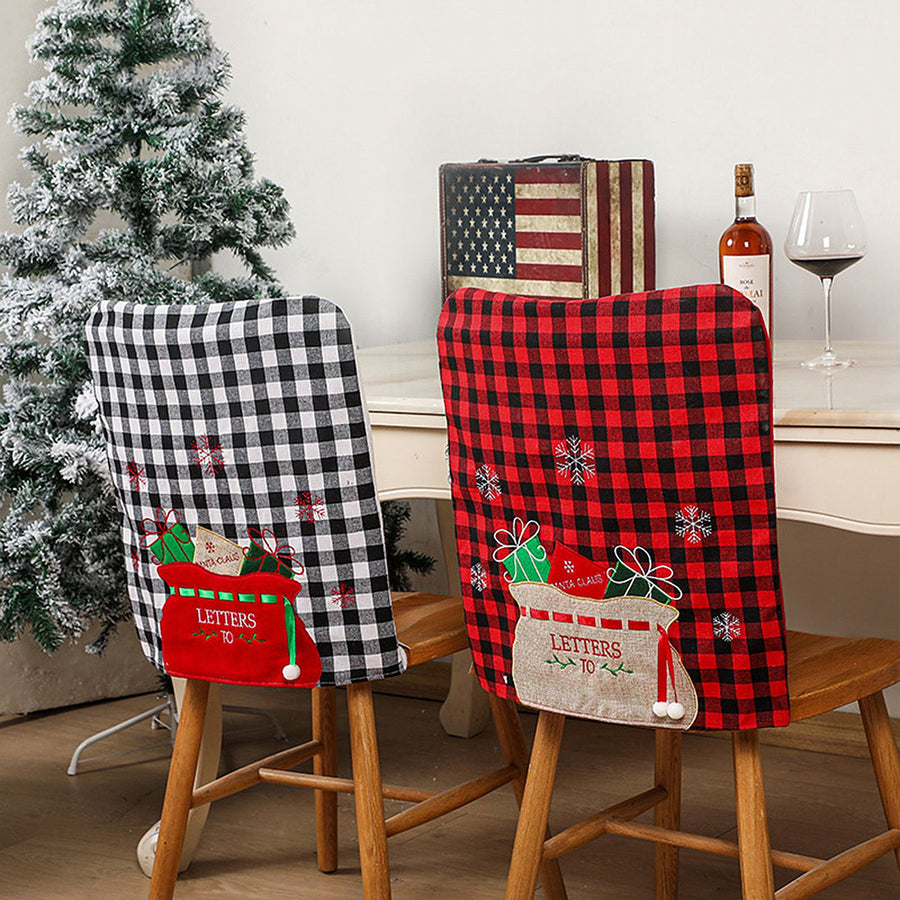 4pcs Xmas Chair Back Cover Red and Black Plaid Soft Nonwoven Decorative Chair Back Cover for Dinning Room Kitchen