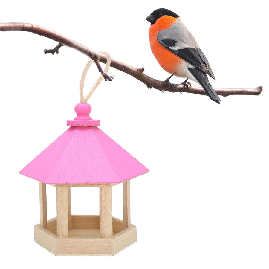Wooden Bird Feeder Hanging Hexagonal House Shape Pet Bird Feeder Garden Decoration