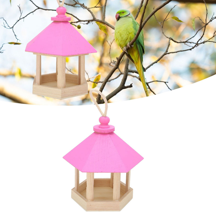 Wooden Bird Feeder Hanging Hexagonal House Shape Pet Bird Feeder Garden Decoration
