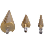 3Pcs HighSpeed Steel Step Drill Bit Set 412/420/432mm Hex Shank Straight Flute Pagoda Drill