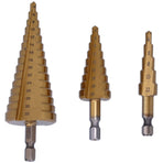 3Pcs HighSpeed Steel Step Drill Bit Set 412/420/432mm Hex Shank Straight Flute Pagoda Drill
