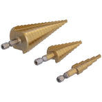 3Pcs HighSpeed Steel Step Drill Bit Set 412/420/432mm Hex Shank Straight Flute Pagoda Drill