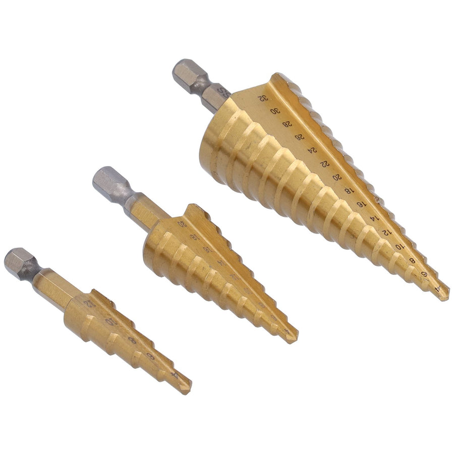 3Pcs HighSpeed Steel Step Drill Bit Set 412/420/432mm Hex Shank Straight Flute Pagoda Drill