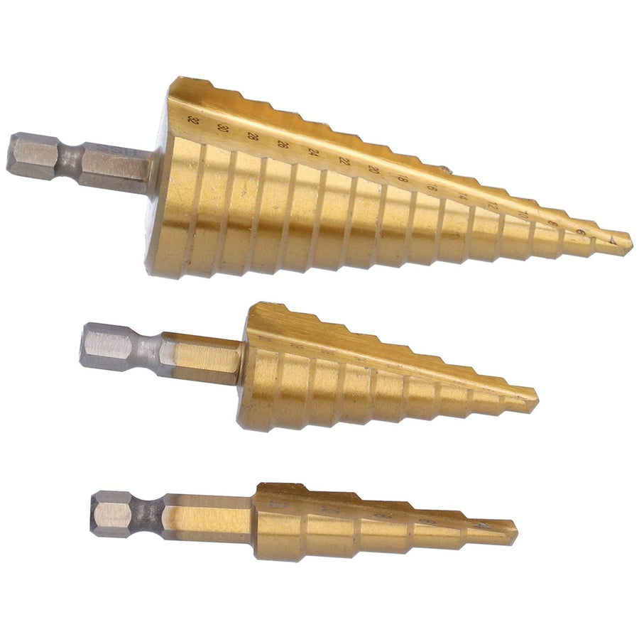3Pcs HighSpeed Steel Step Drill Bit Set 412/420/432mm Hex Shank Straight Flute Pagoda Drill