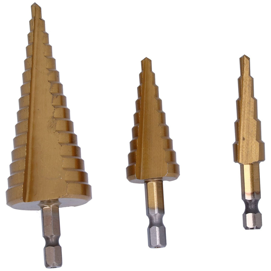 3Pcs HighSpeed Steel Step Drill Bit Set 412/420/432mm Hex Shank Straight Flute Pagoda Drill