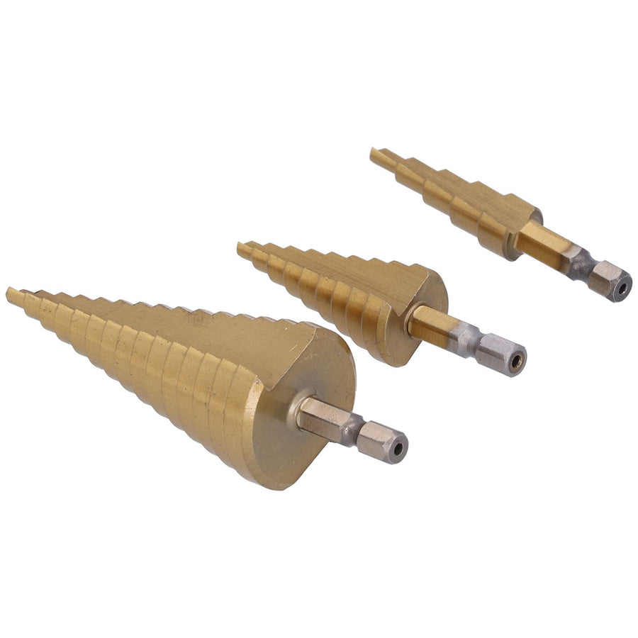3Pcs HighSpeed Steel Step Drill Bit Set 412/420/432mm Hex Shank Straight Flute Pagoda Drill