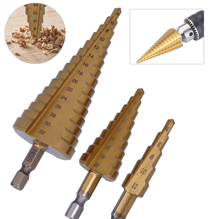 3Pcs HighSpeed Steel Step Drill Bit Set 412/420/432mm Hex Shank Straight Flute Pagoda Drill