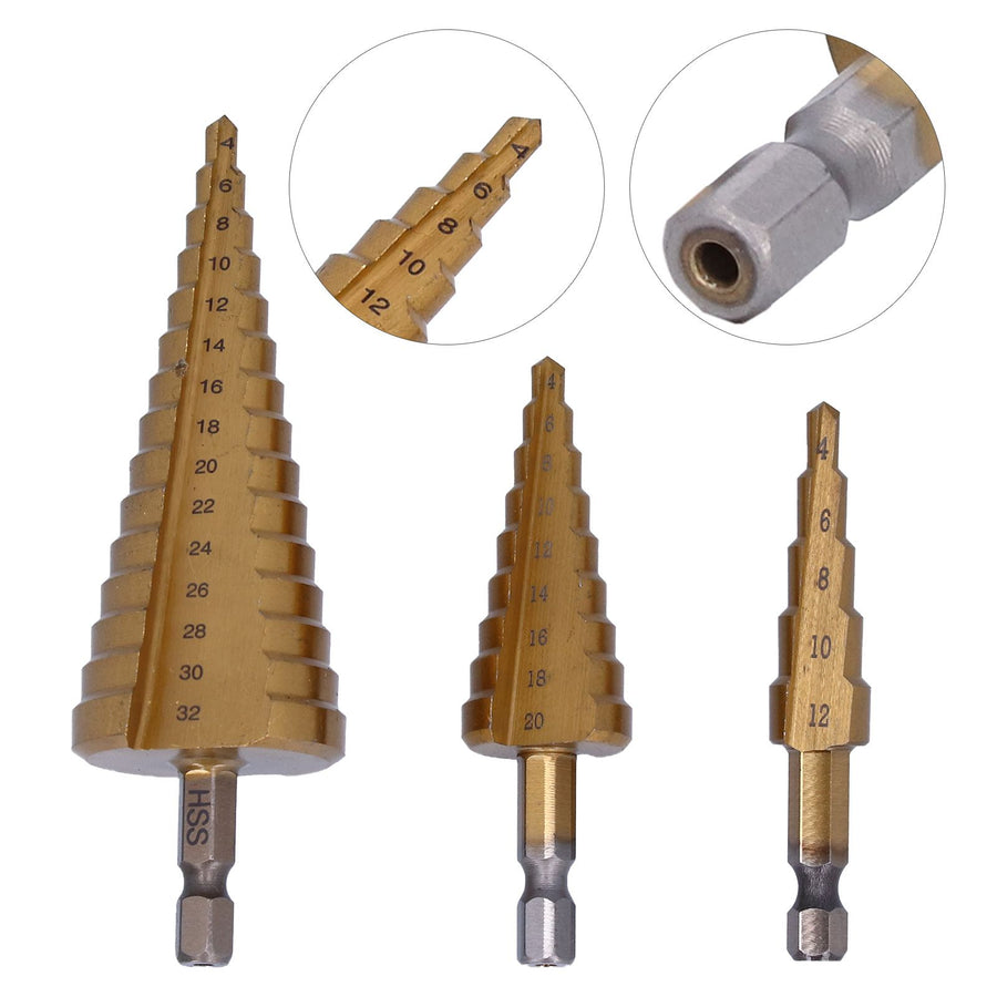 3Pcs HighSpeed Steel Step Drill Bit Set 412/420/432mm Hex Shank Straight Flute Pagoda Drill