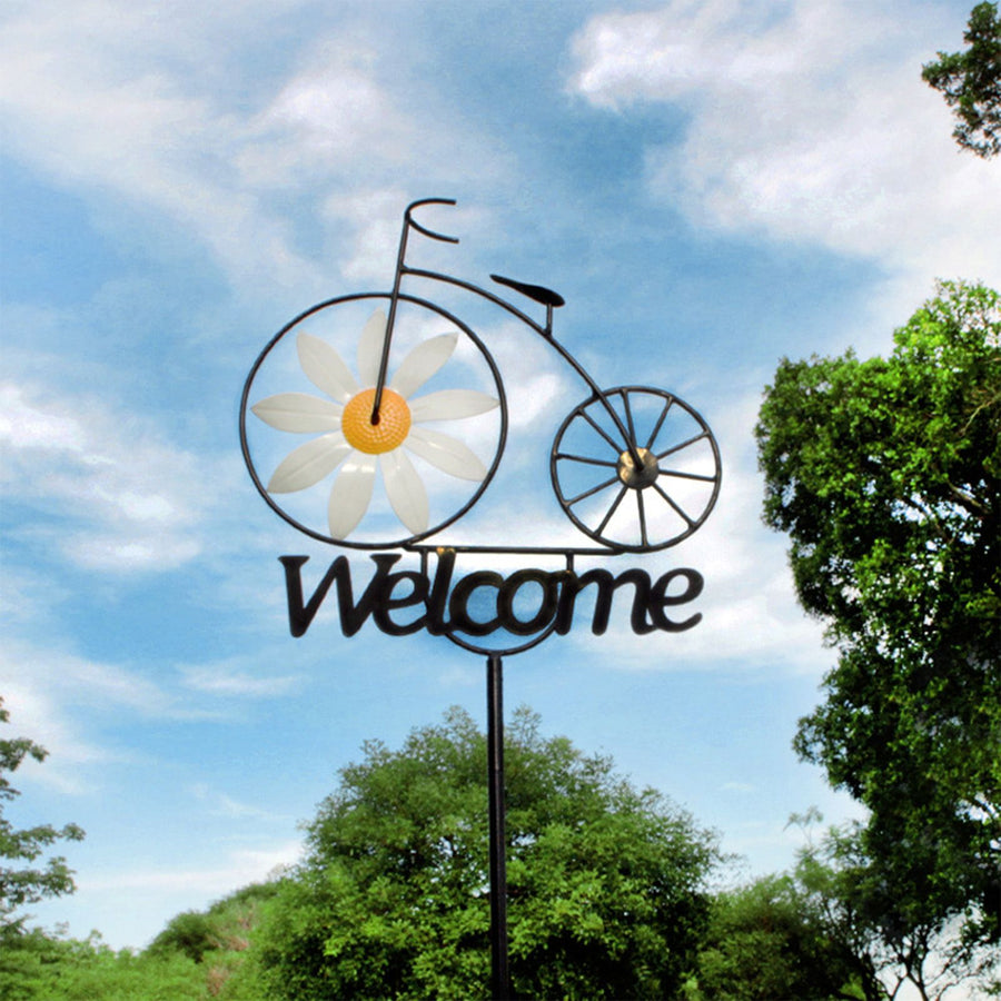 Garden Windmill Rustic Iron Stake Flower Windmill Welcome Yard Sign Decorations for Outside Patio Lawn Backyard