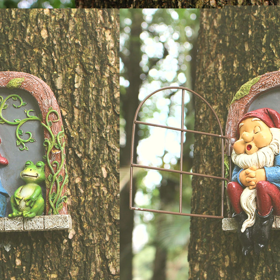 Tree Gnome Statue Sleeping Dwarf and Frog Decoration Outdoor Garden Resin Hanging Ornaments