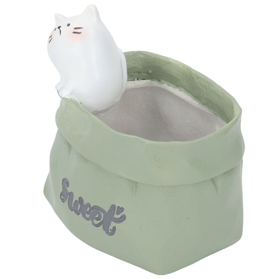 Pen Pencil Holder Desktop Ornament Resin Cute Animal in Grocery Bag Small Succulent Planter for Bedroom Office Decor Housewarming Gift Cat