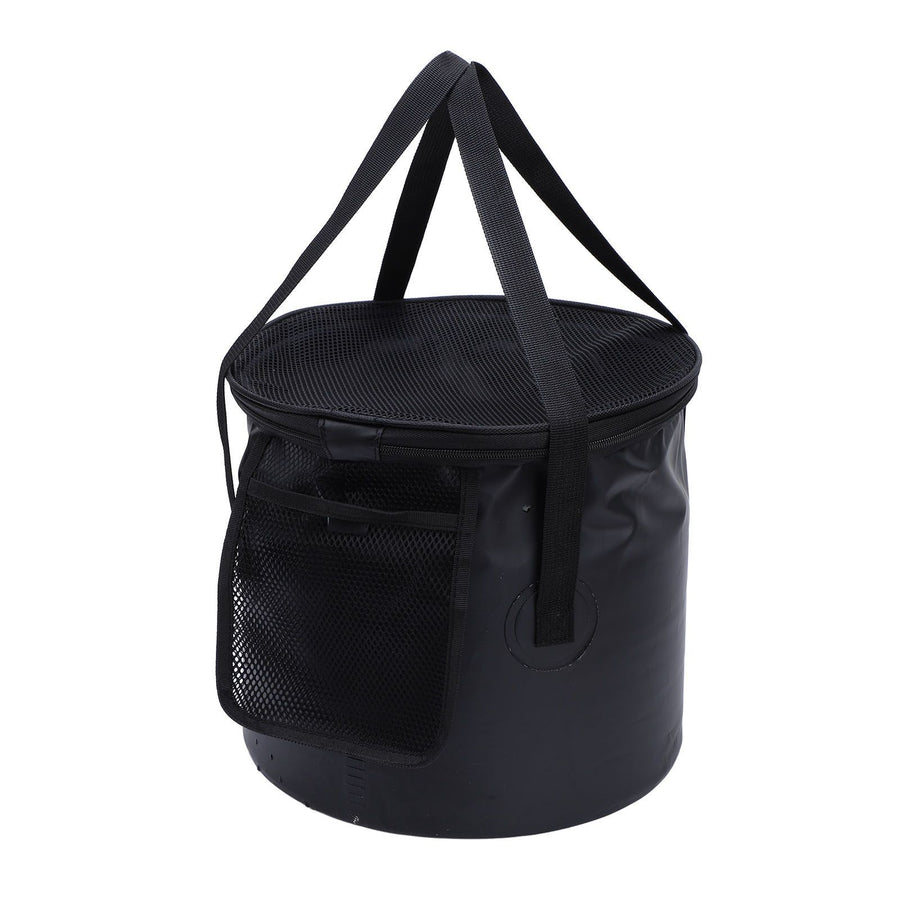 Cloth Folding Bucket with Mesh Pouch Portable Draining Basket Water Container for Outdoor Camping Fishing Car Washing Black