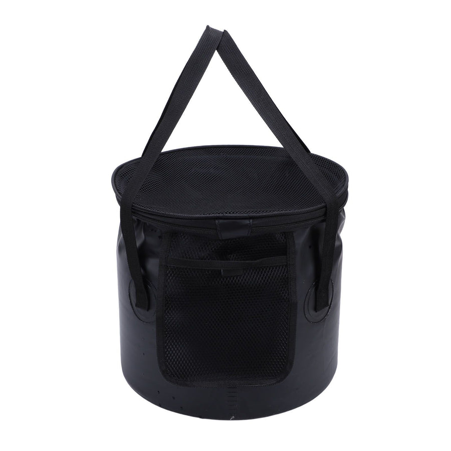 Cloth Folding Bucket with Mesh Pouch Portable Draining Basket Water Container for Outdoor Camping Fishing Car Washing Black