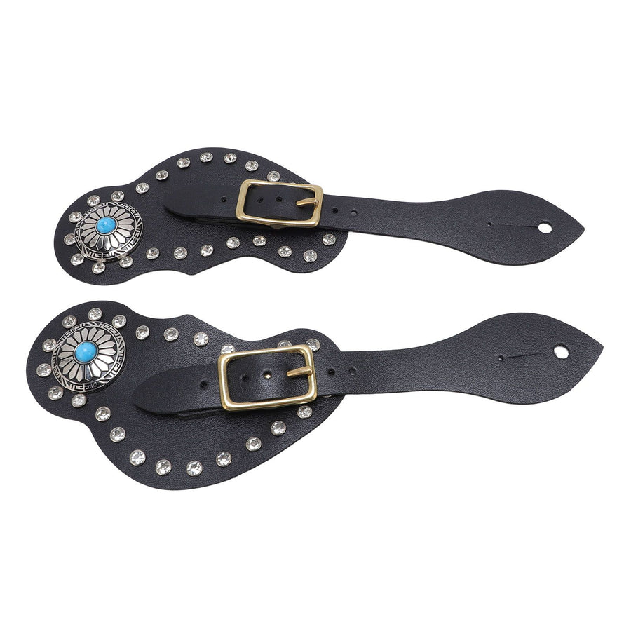 2Pcs Spur Strap Set Artificial Leather Rhinestone Decorations Adjustable Spur Holder for Cowboys Black