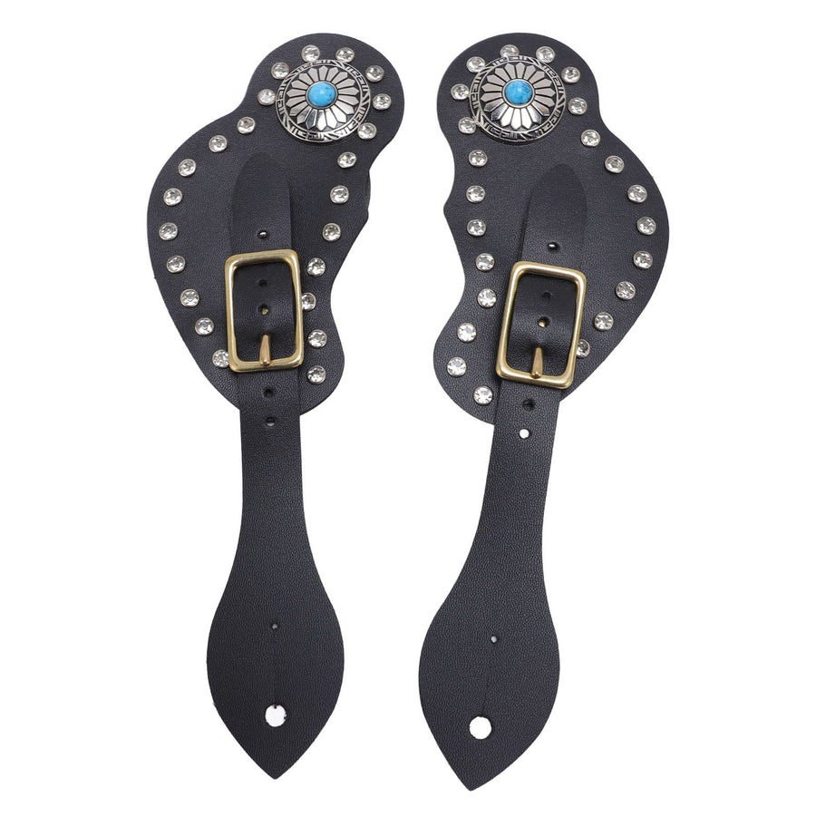 2Pcs Spur Strap Set Artificial Leather Rhinestone Decorations Adjustable Spur Holder for Cowboys Black