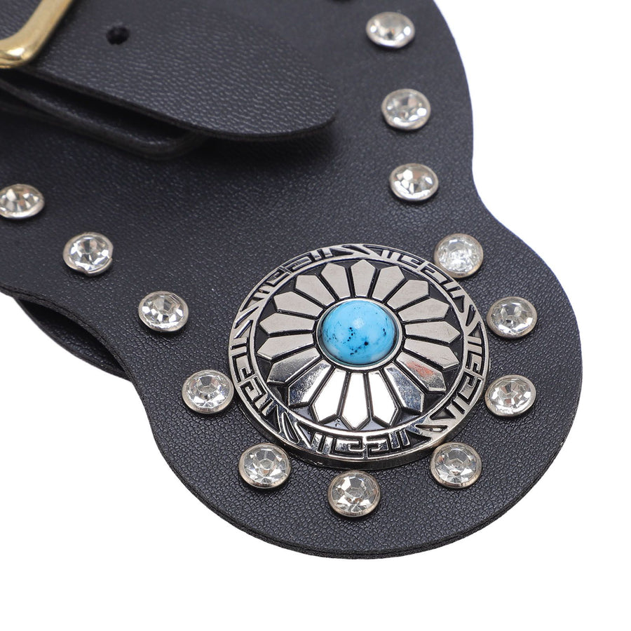 2Pcs Spur Strap Set Artificial Leather Rhinestone Decorations Adjustable Spur Holder for Cowboys Black