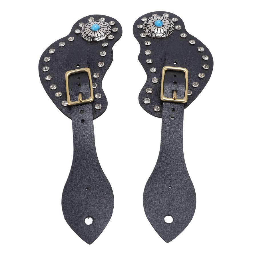 2Pcs Spur Strap Set Artificial Leather Rhinestone Decorations Adjustable Spur Holder for Cowboys Black