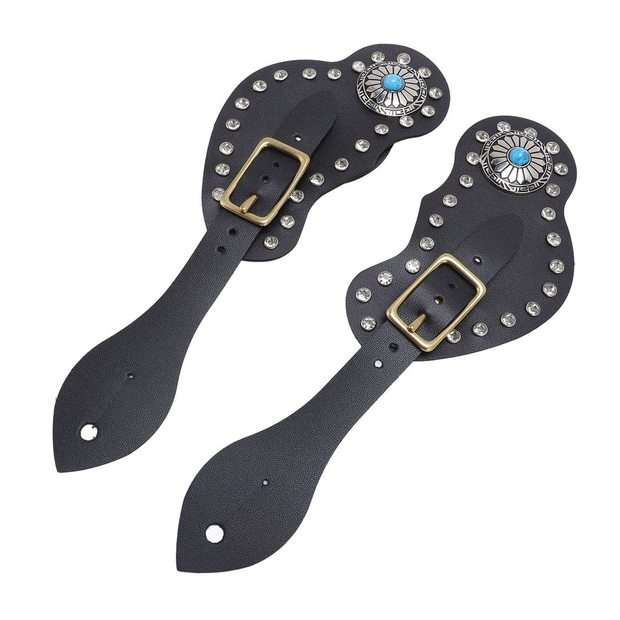 2Pcs Spur Strap Set Artificial Leather Rhinestone Decorations Adjustable Spur Holder for Cowboys Black