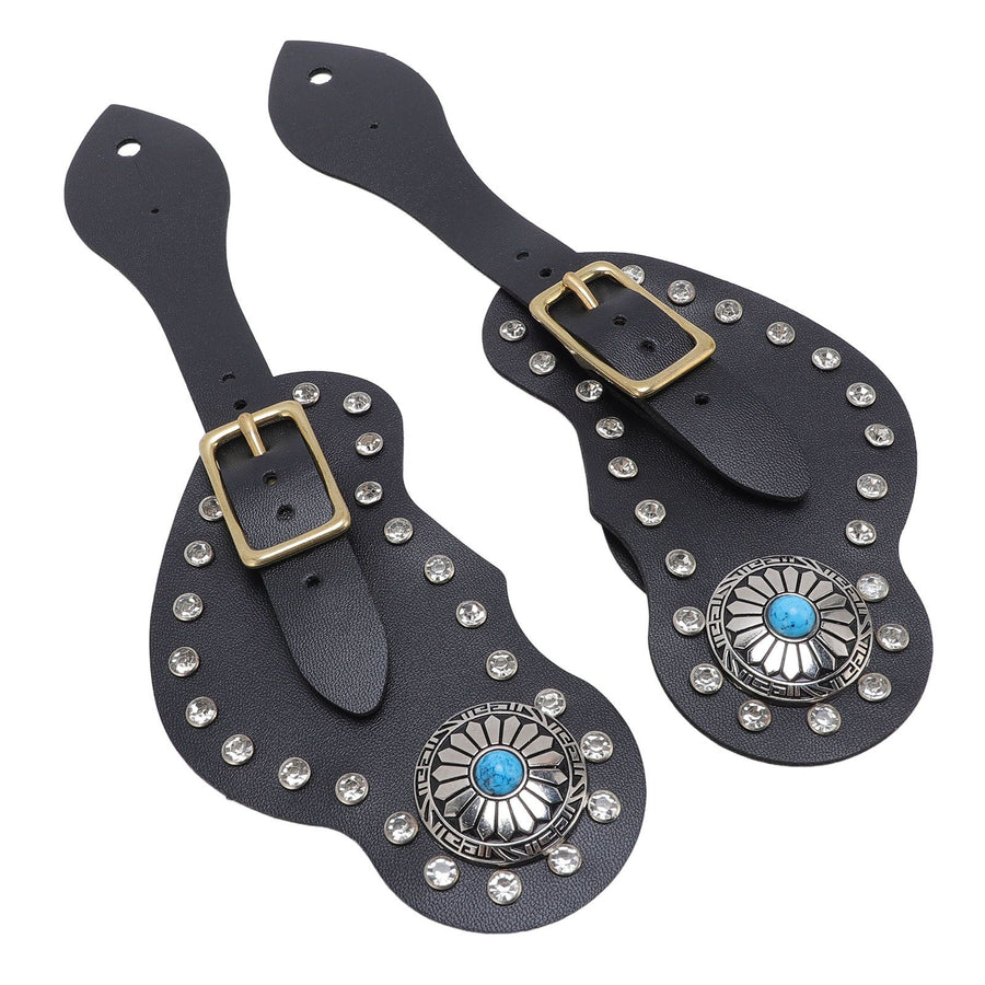 2Pcs Spur Strap Set Artificial Leather Rhinestone Decorations Adjustable Spur Holder for Cowboys Black