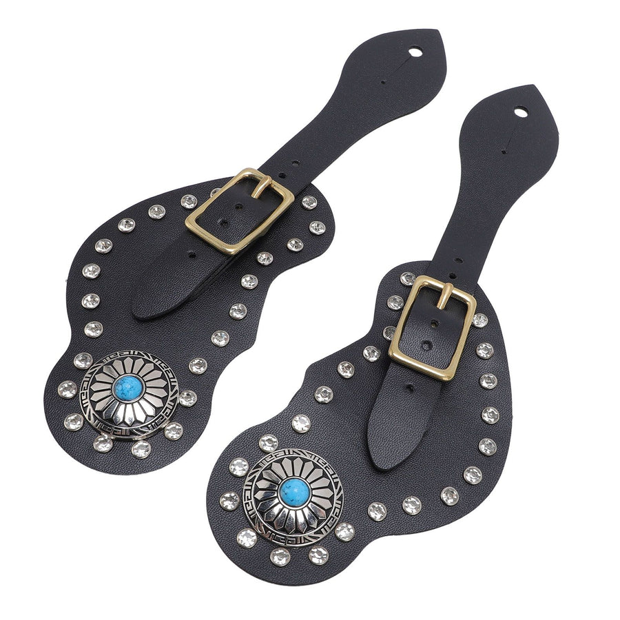 2Pcs Spur Strap Set Artificial Leather Rhinestone Decorations Adjustable Spur Holder for Cowboys Black