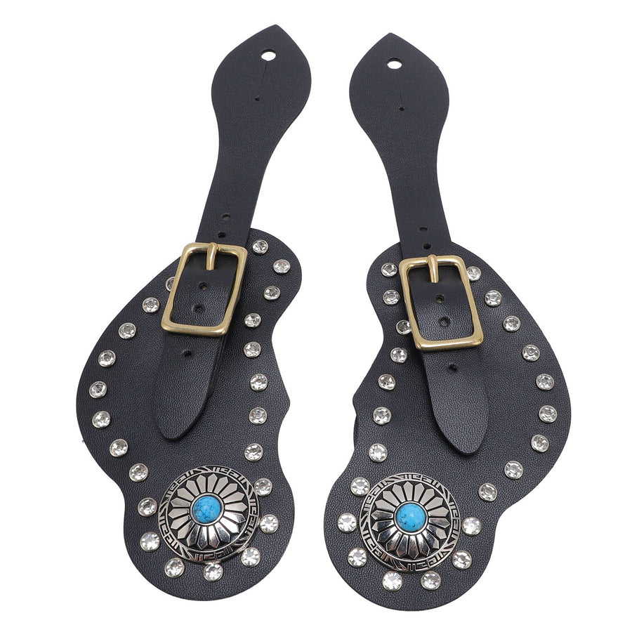 2Pcs Spur Strap Set Artificial Leather Rhinestone Decorations Adjustable Spur Holder for Cowboys Black