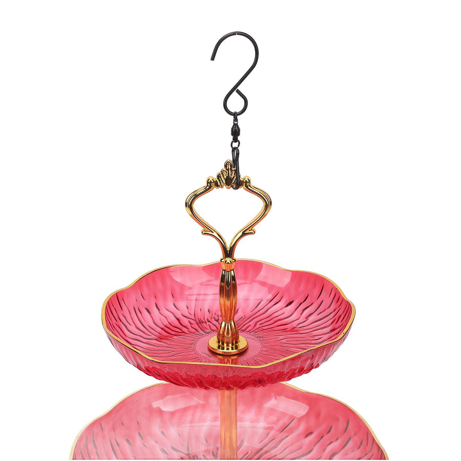 3 Tiered Hanging Bird Feeder Acrylic Hanging Bowl Bird Bath Tray with Hanger Hook for Garden Backyard Decor Red