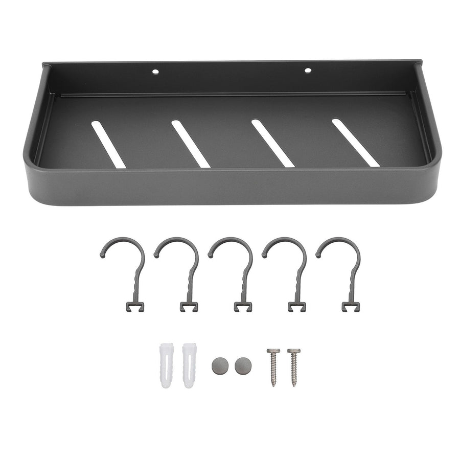 Shower Caddy Space Aluminum Rustproof Smoothing Simple Black Sturdy Bathroom Wall Shelf with 5 Hooks for Kitchen Laundry 11.8in