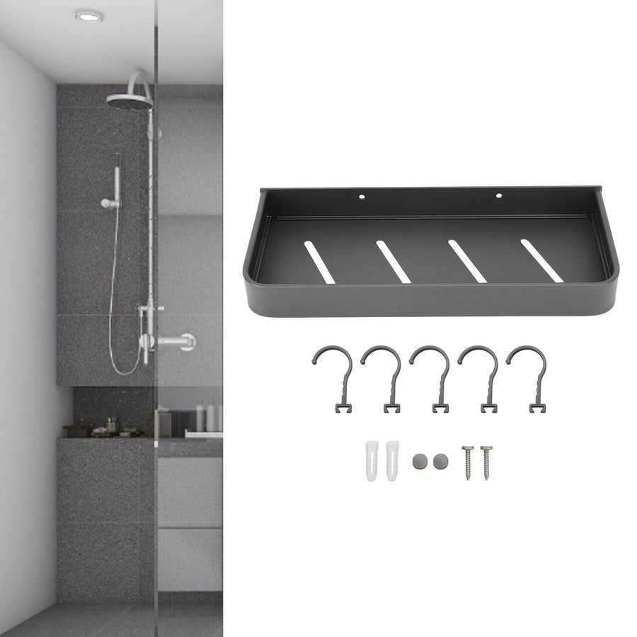 Shower Caddy Space Aluminum Rustproof Smoothing Simple Black Sturdy Bathroom Wall Shelf with 5 Hooks for Kitchen Laundry 11.8in