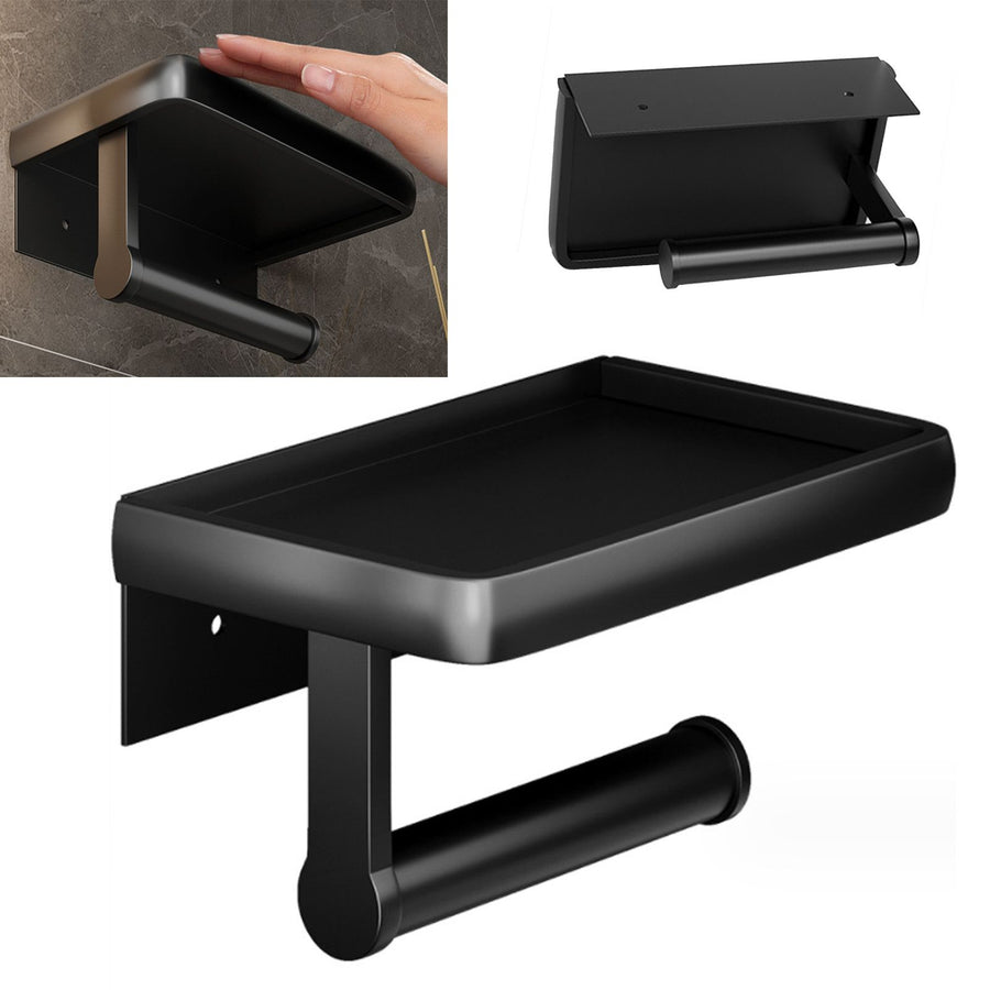 Toilet Paper Holder Shelf Space Saving Multifunction Wall Mounted Self Adhesive Metal Toilet Paper Holder with Phone Shelf