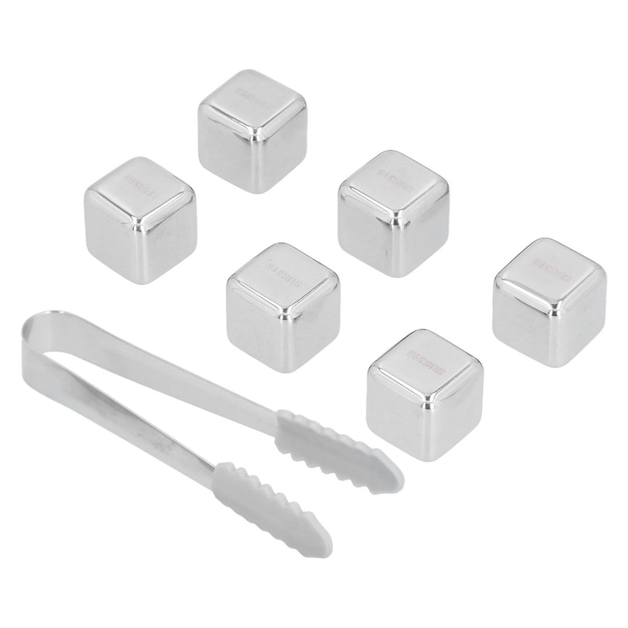 6Pcs Stainless Steel Ice Cubes Reusable Whiskey Wine Beer Beverages Ice Stone with Clamp