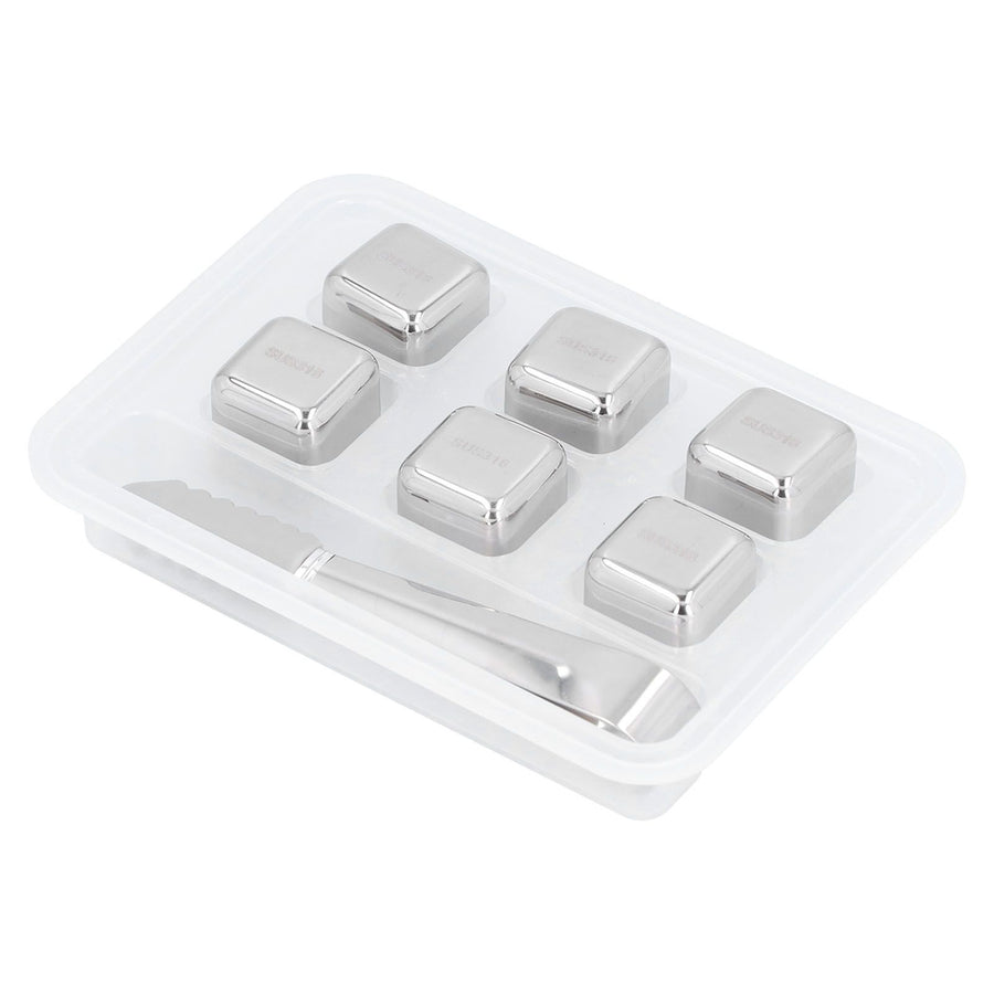 6Pcs Stainless Steel Ice Cubes Reusable Whiskey Wine Beer Beverages Ice Stone with Clamp