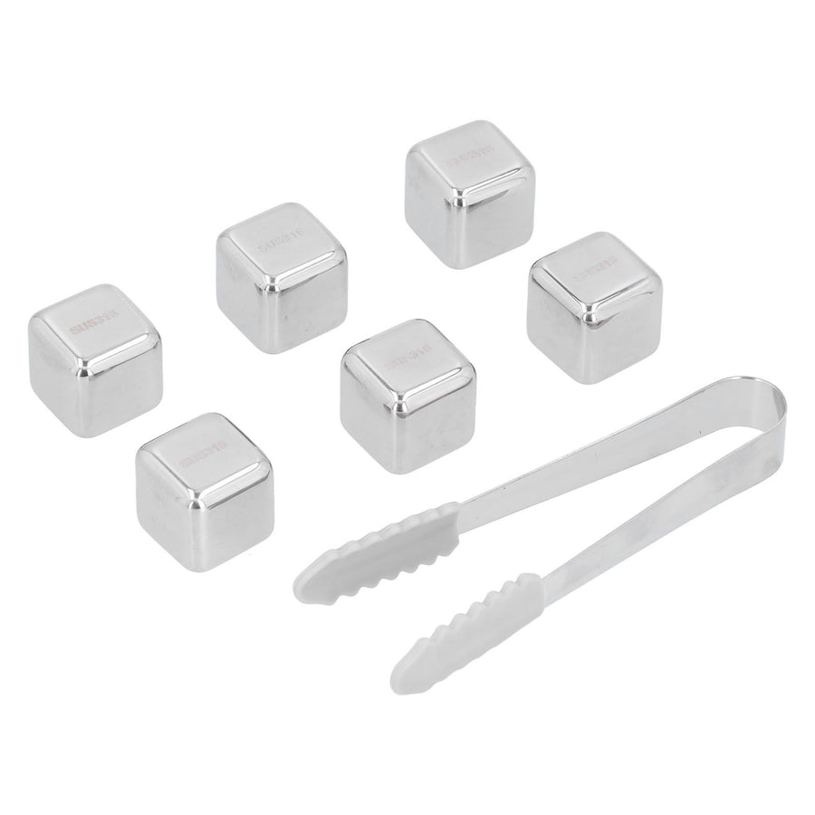 6Pcs Stainless Steel Ice Cubes Reusable Whiskey Wine Beer Beverages Ice Stone with Clamp