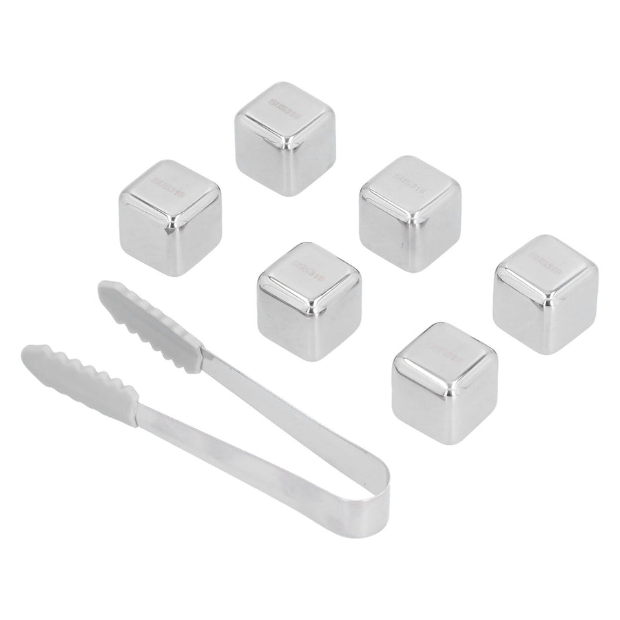 6Pcs Stainless Steel Ice Cubes Reusable Whiskey Wine Beer Beverages Ice Stone with Clamp