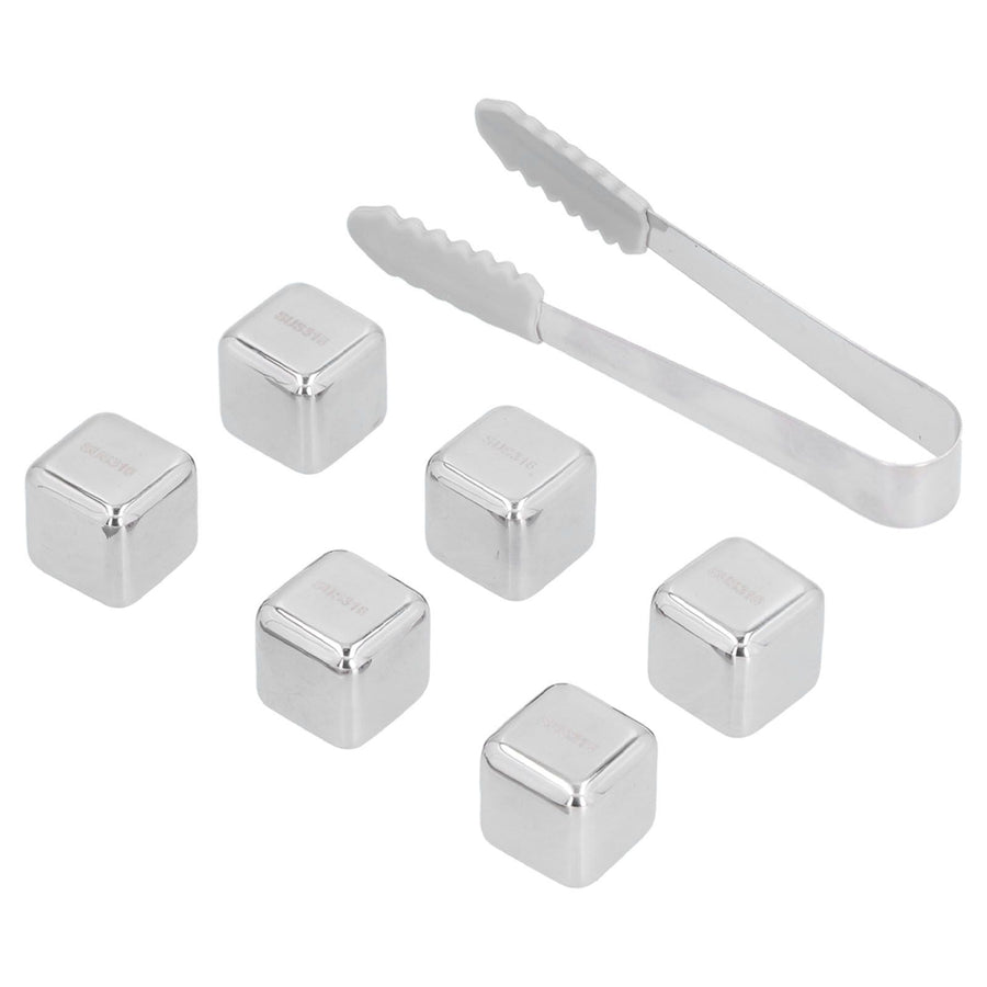 6Pcs Stainless Steel Ice Cubes Reusable Whiskey Wine Beer Beverages Ice Stone with Clamp