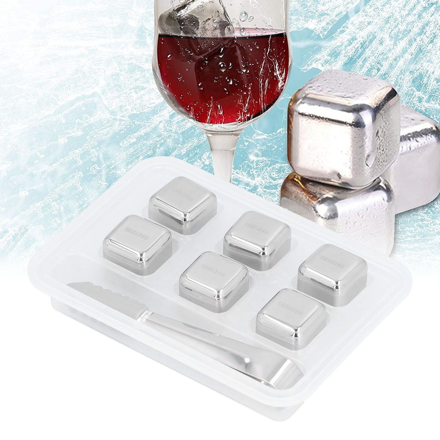 6Pcs Stainless Steel Ice Cubes Reusable Whiskey Wine Beer Beverages Ice Stone with Clamp