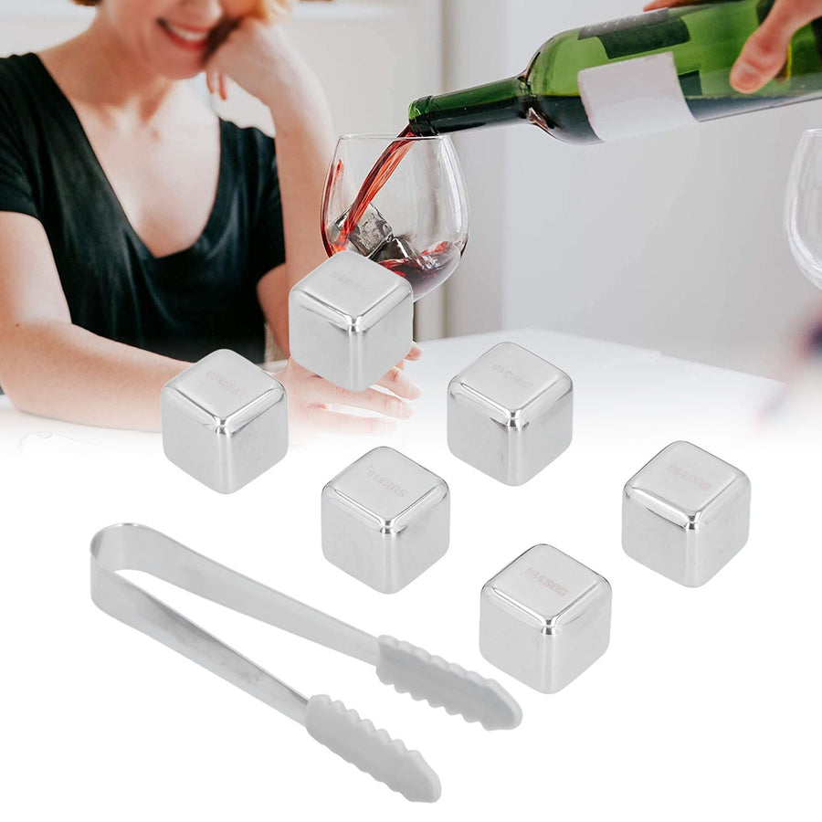 6Pcs Stainless Steel Ice Cubes Reusable Whiskey Wine Beer Beverages Ice Stone with Clamp