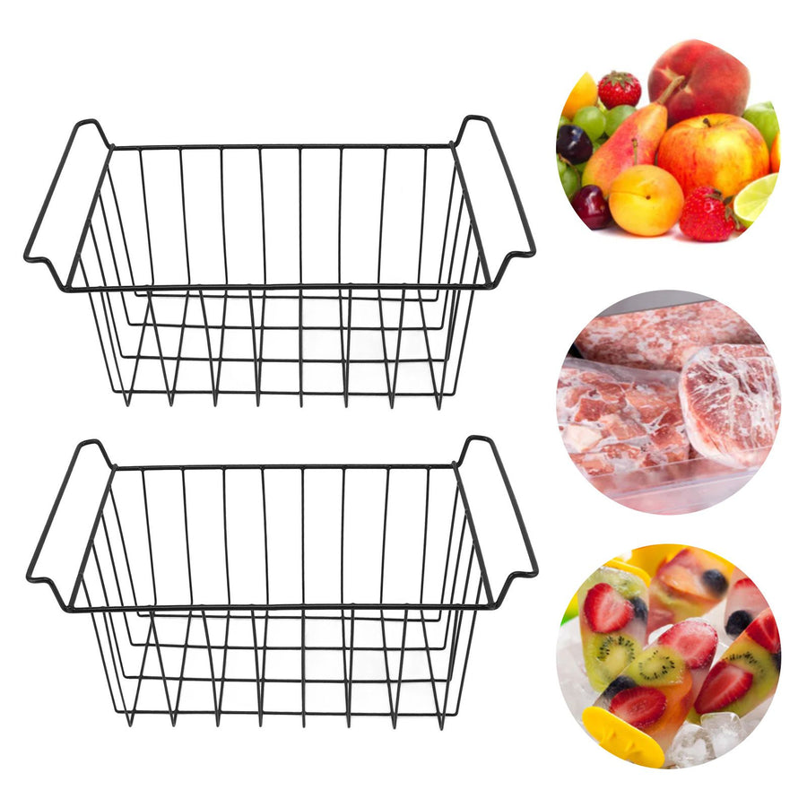2 Pcs Freezer Wire Storage Basket PE Coated Hanging Rack Organizer Bin Black for Refrigerator Shelves L 42.5cm X W 24.5cm X H 20cm