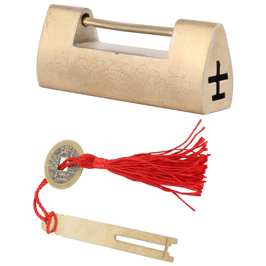 Chinese Old Style Padlock Brass Carved Fish Horizontal Padlock with Key for Jewelry Box Drawer
