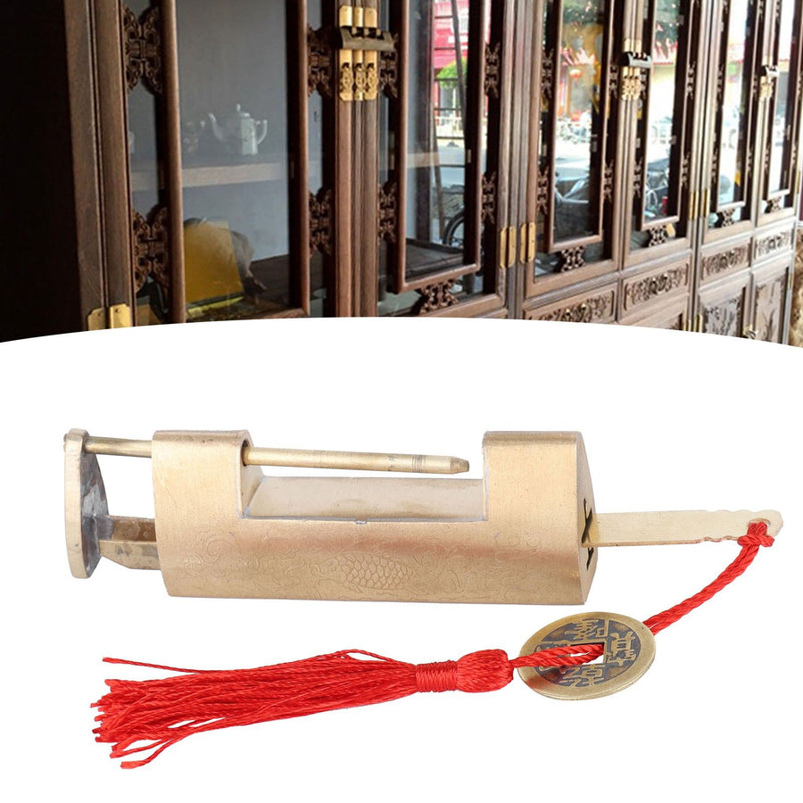 Chinese Old Style Padlock Brass Carved Fish Horizontal Padlock with Key for Jewelry Box Drawer