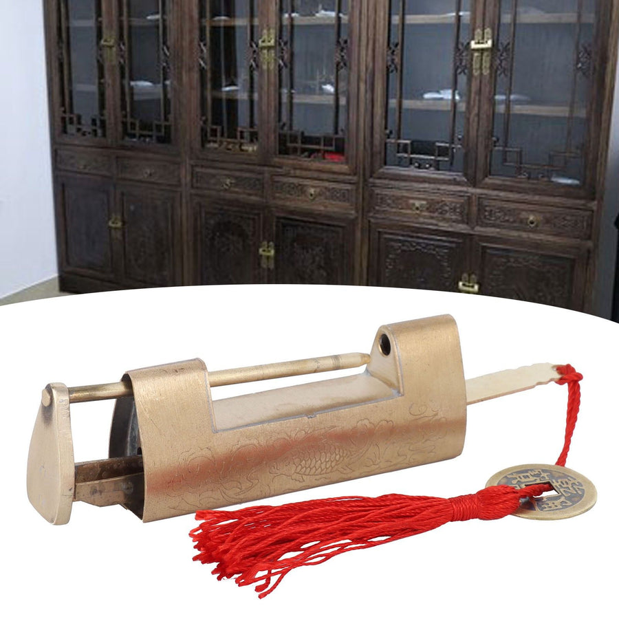 Chinese Old Style Padlock Brass Carved Fish Horizontal Padlock with Key for Jewelry Box Drawer