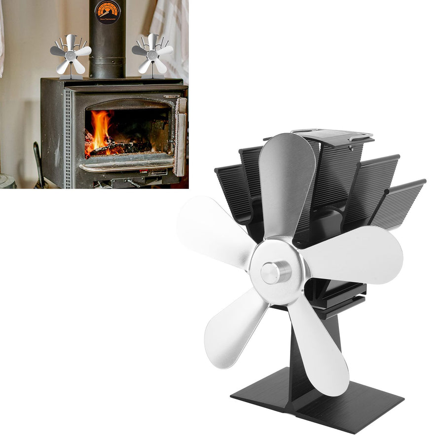 Wood Stove Fan 5 Blades Fireplace Fan Heat Powered Stove Fan for Wood Burning Stove Pellet Log Burner Fireplace Vertical Rectangular Silver
