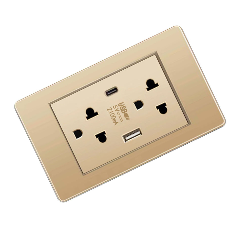 Thailand Type Electrical Wall Receptacle Outlet Space Saving USB Type C Wall Charger Outlet for Home Gold