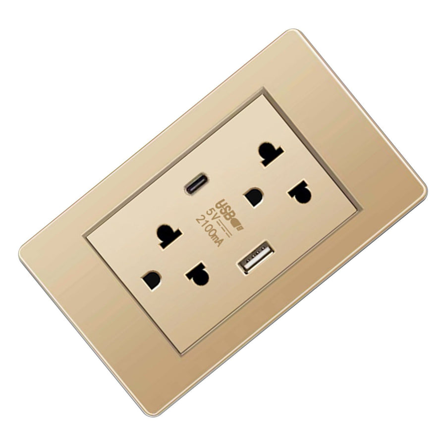 Thailand Type Electrical Wall Receptacle Outlet Space Saving USB Type C Wall Charger Outlet for Home Gold