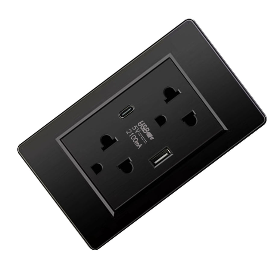 Thailand Type Electrical Wall Receptacle Outlet Space Saving USB Type C Wall Charger Outlet for Home Black