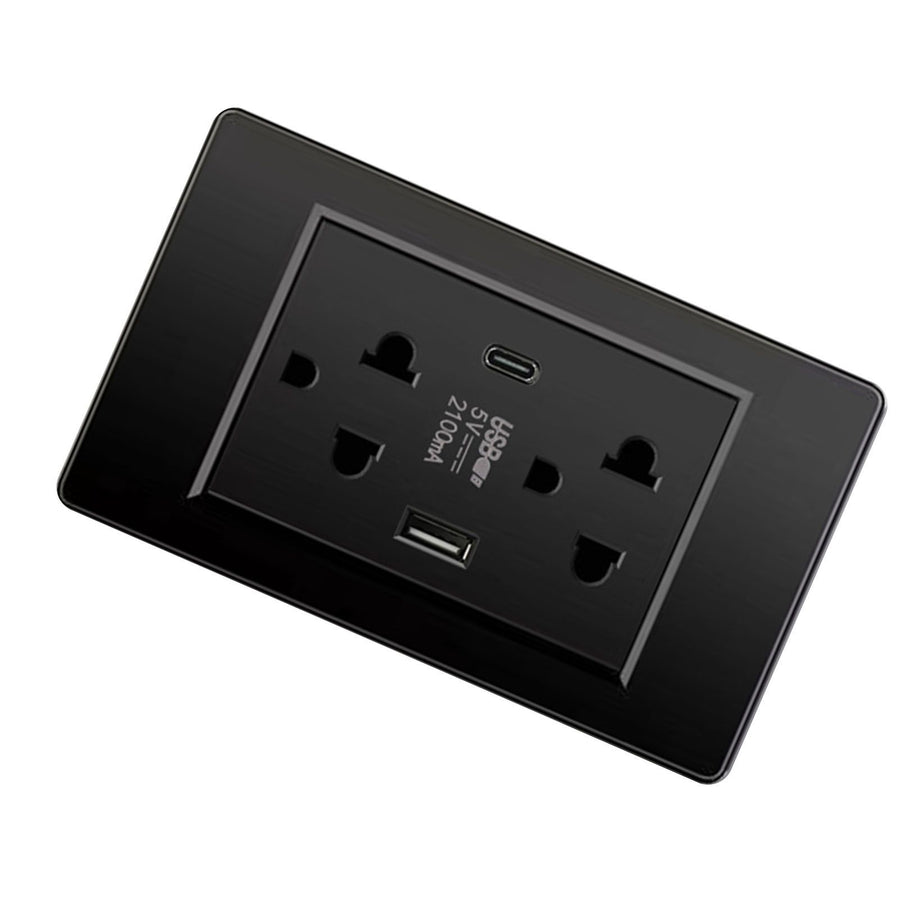 Thailand Type Electrical Wall Receptacle Outlet Space Saving USB Type C Wall Charger Outlet for Home Black