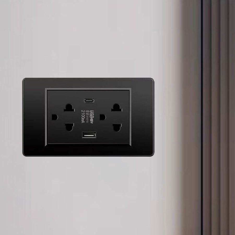 Thailand Type Electrical Wall Receptacle Outlet Space Saving USB Type C Wall Charger Outlet for Home Black