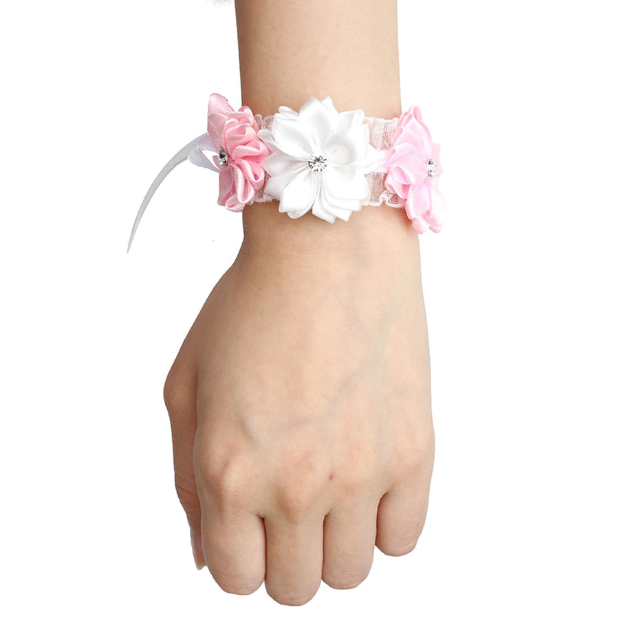 6Pcs Beautiful Bride Bridesmaids Simulation Ribbon Wrist Flower Wedding Decoration Accessories(Pink White )