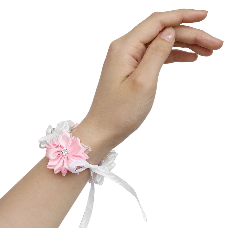6Pcs Beautiful Bride Bridesmaids Simulation Ribbon Wrist Flower Wedding Decoration Accessories(Pink White )