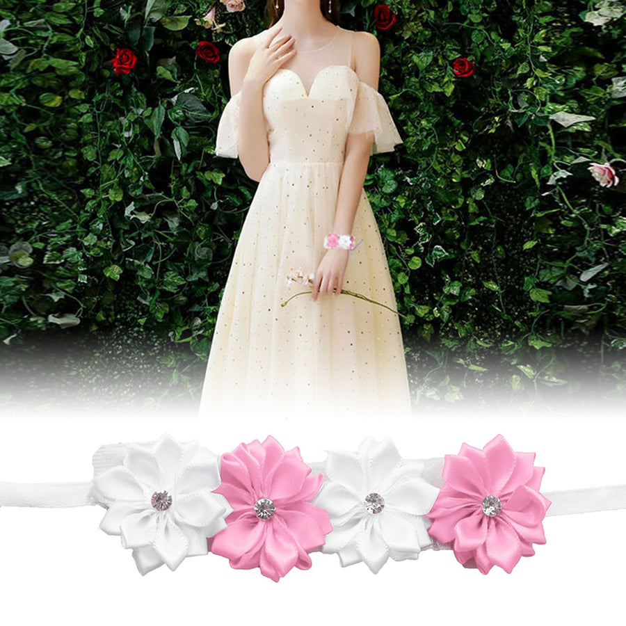 6Pcs Beautiful Bride Bridesmaids Simulation Ribbon Wrist Flower Wedding Decoration Accessories(Pink White )