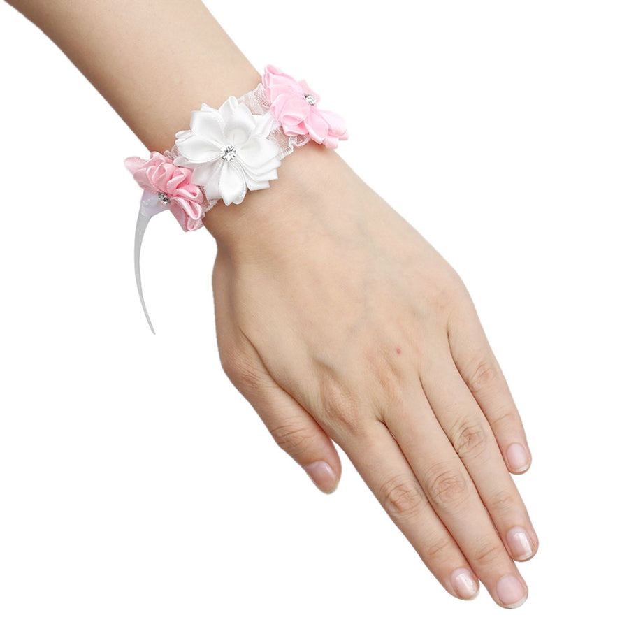 6Pcs Beautiful Bride Bridesmaids Simulation Ribbon Wrist Flower Wedding Decoration Accessories(Pink White )